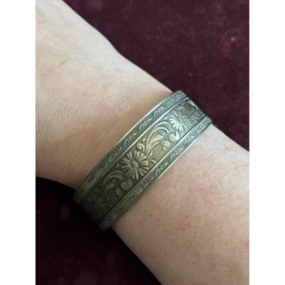 Vintage Nickel Silver Repoussé Floral Cuff Bracelet Wide 7 In